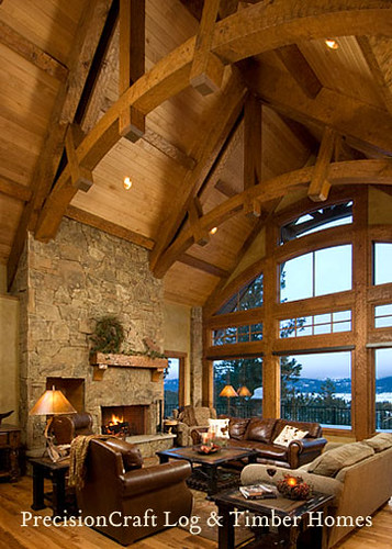 Timber Frame Home Great Room with a View | by PrecisionCraft Log & Timber Homes