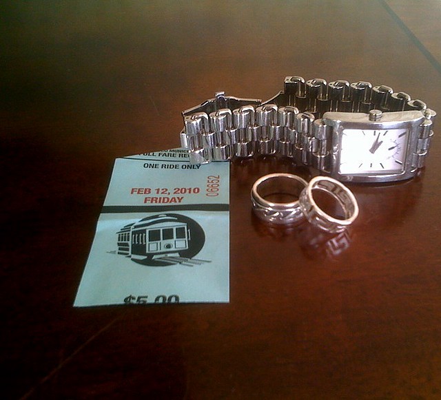 My watch,rings from Greece and a cable car receipt.