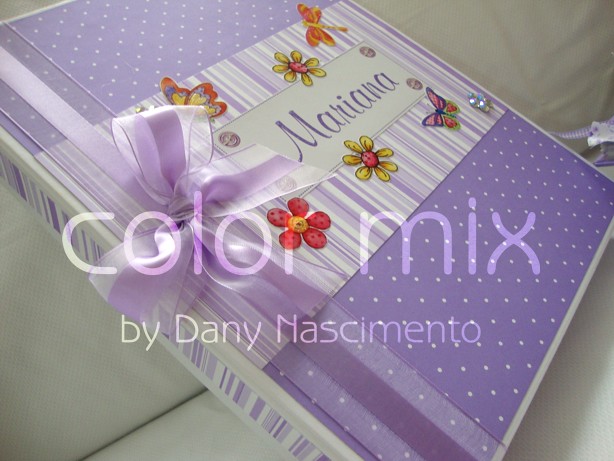 caixa decorada p/ álbum do bebê scrapbook - lilás tema jardim