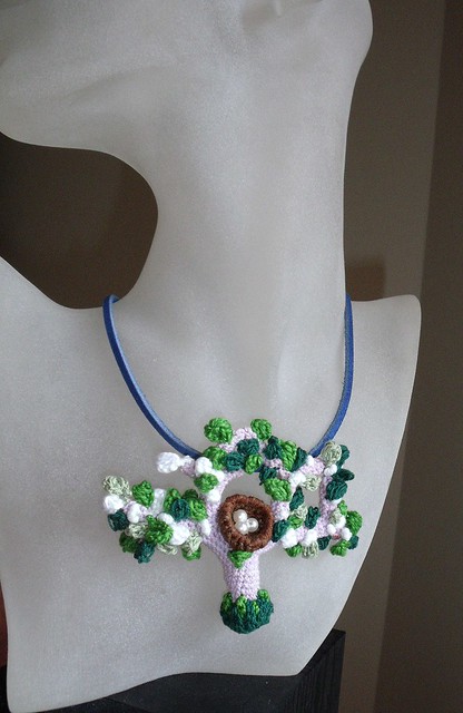 Crochet necklace amigurumi Blossom tree with nest
