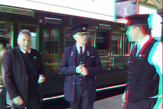 Station Master and porters Bluebell railway in anaglyph 3D stereo red cyan glasses to view
