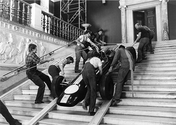 Moving a Lotus 25/33 R7 Formula 1 car up the stairs
