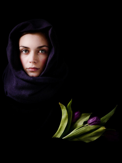 portrait with purple tulips
