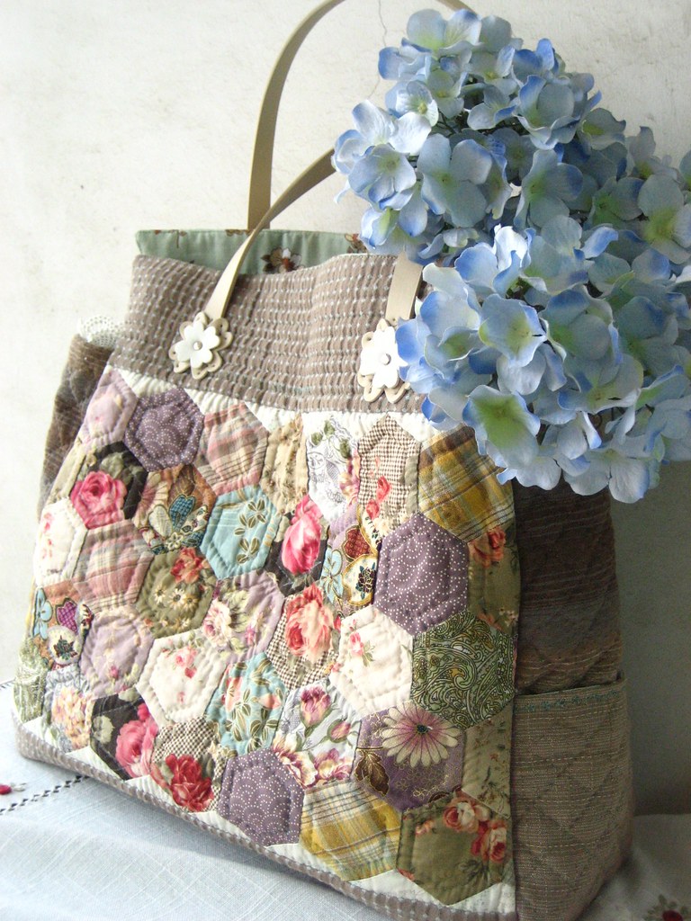 handmade quilted Grandmother's garden patchwork bag
