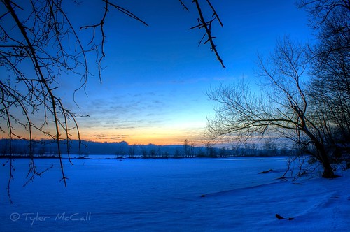 blue snow tree silhouette clouds sunrise river frozen footprints mohawk schenectady niskayuna canonrebelxs canonefs1855mmf3556is canoneos1000d tylermccall