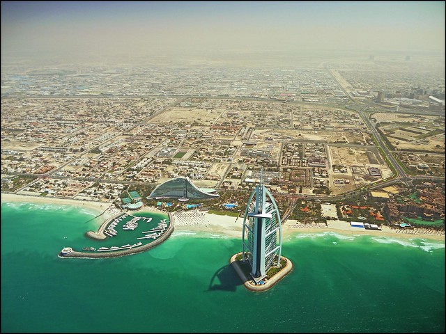 Dubai Burj Al Arab + Jumeirah Beach from air