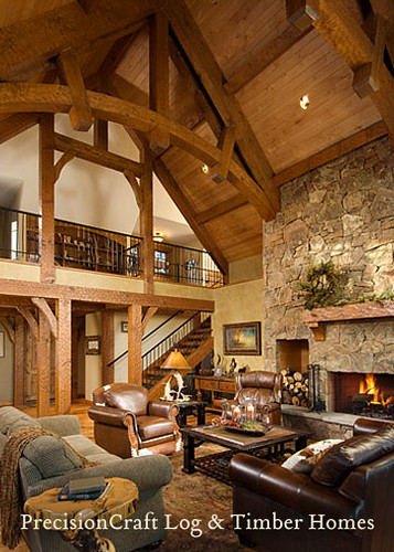 A PrecisionCraft Timber Frame Home Great Room | Located in Central Idaho
