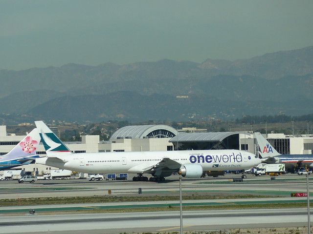 Cathay Pacific Air 'One World' jet at LAX Airport in Los Angeles, California