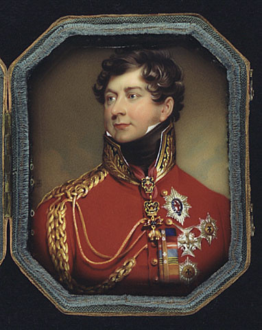 Portrait of Future George IV in red, traditional clothing, adorned with metals and flourishes. 