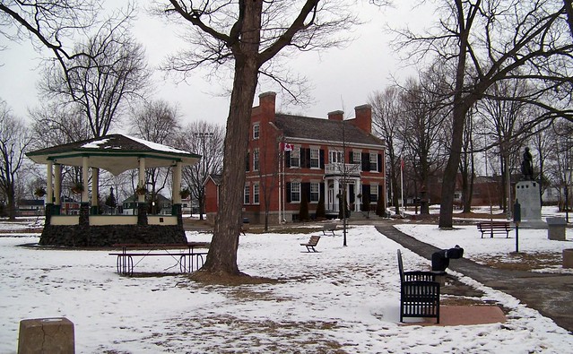 Park, with gazebo, the town hall, and the war memorial