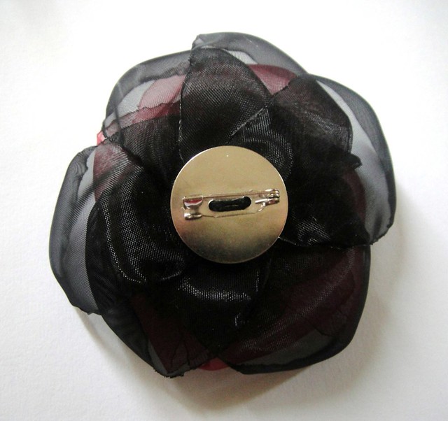 Burgundy black big rose blossom flower brooch