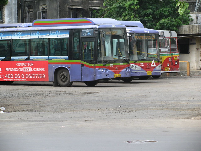 AS and ordinary BEST buses line up for departure... Vasantrao Naik Chowk (Tardeo) Bus Station, Mumbai.