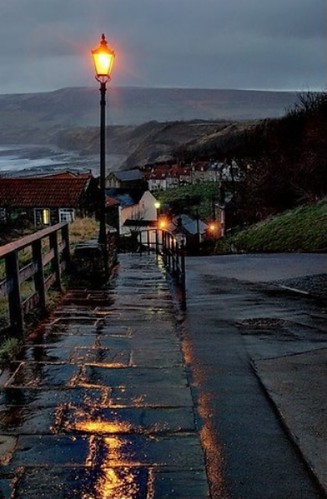 robinhoodsbay ngc yorkshire england reflection rain lamppost streetlight dusk twilight