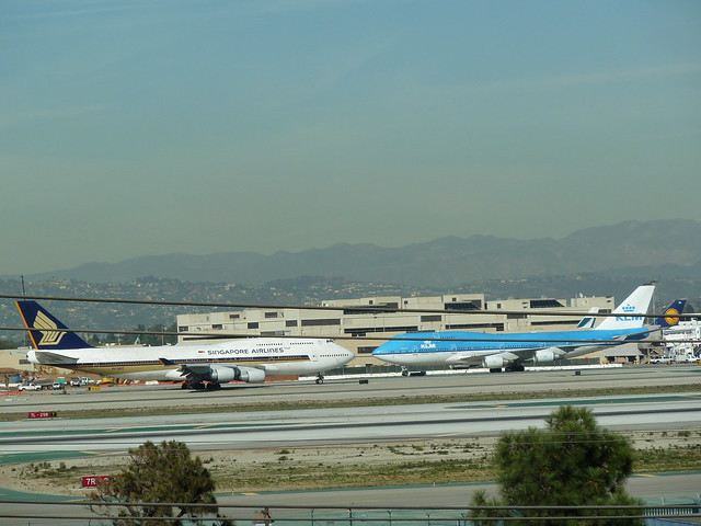 Singapore Airlines and KLM jets at LAX Airport in Los Angeles, California