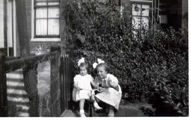 my cousin  ELLY TEN WOLDE (left) , together with her former girl friend  ALIE PORS , photographed here probably somewhere in or near the Spaarnestraat in their hometown Den Haag/The Hague in Holland in or around the year 1950