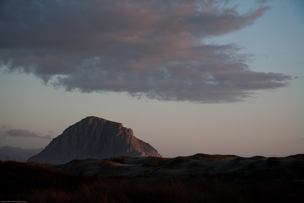 Morro Rock in late light, from the Old Cloisters Hotel Location at Azure Street in Morro Bay, CA 22 May 2010.