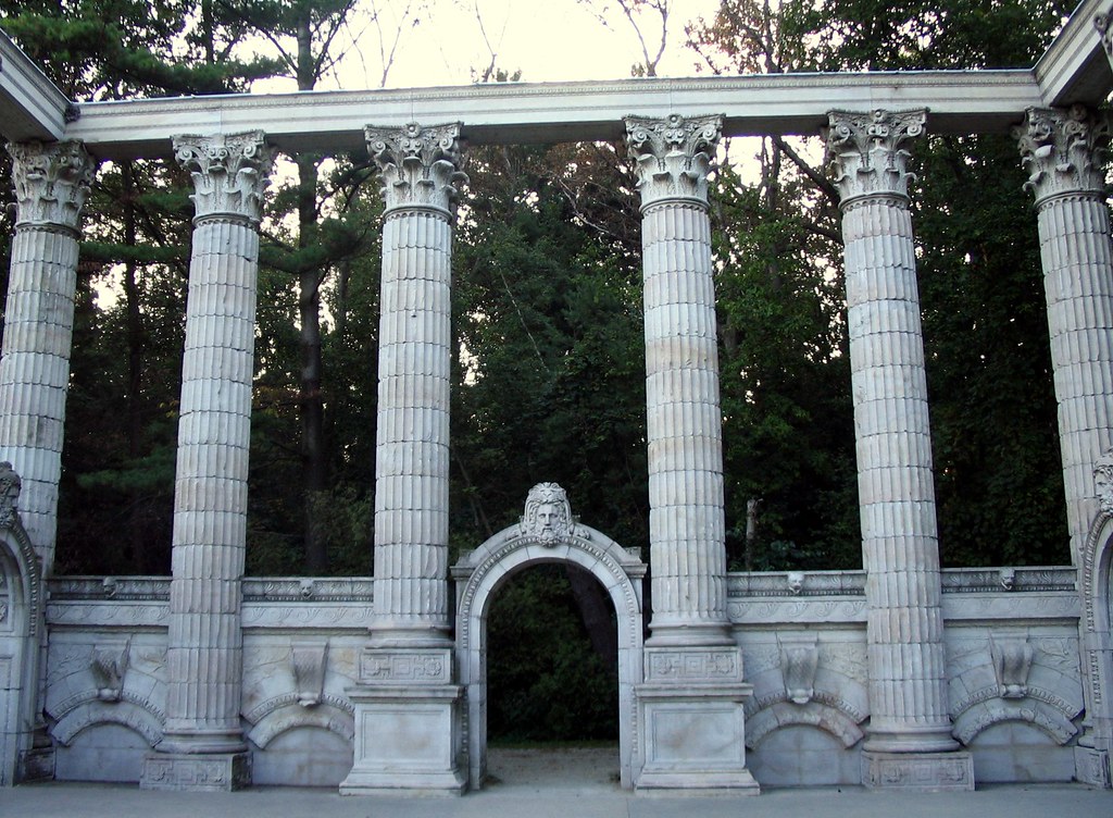 Classical stone columns and arches from the architectural ruins at Guild Park, Scarborough