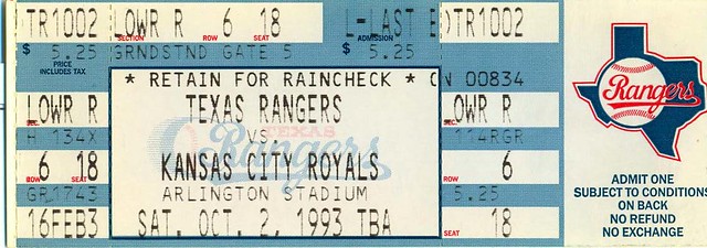 10-2-1993, Kansas City Royals at Texas Rangers, Arlington Stadium - Ticket Stub