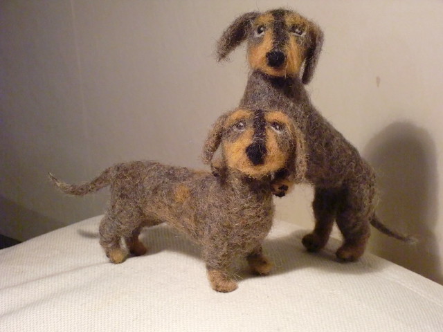 Needle felted wire-haired dachshounds