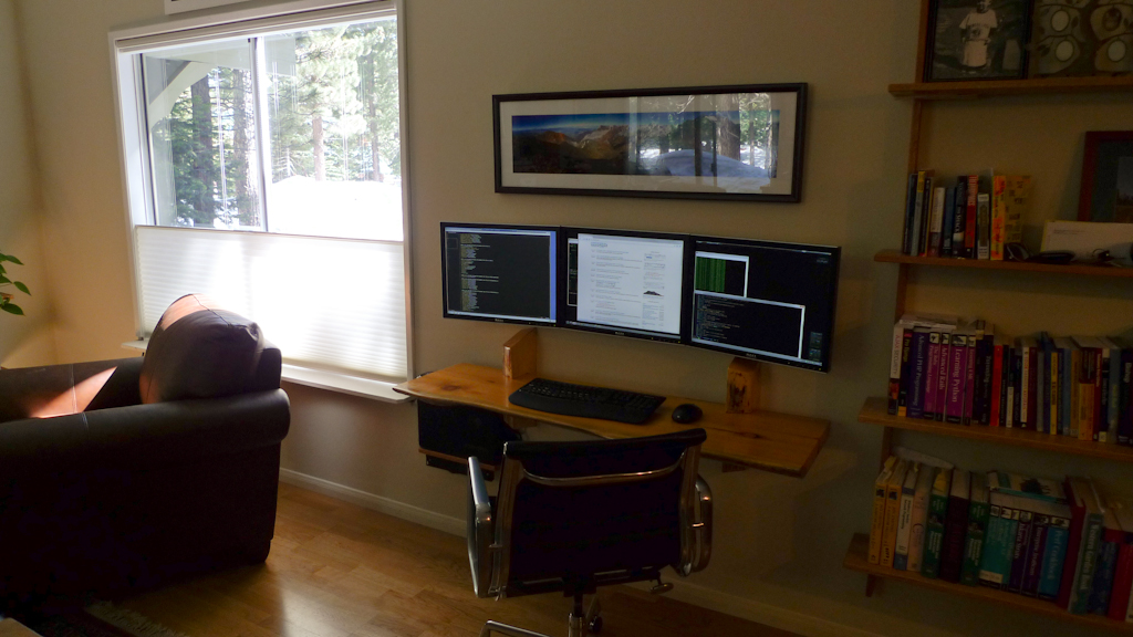 hanging desk 3 monitor workspace