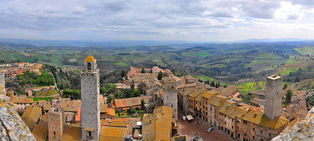 Town view and bell tower panorama in San Gimignano, Italy