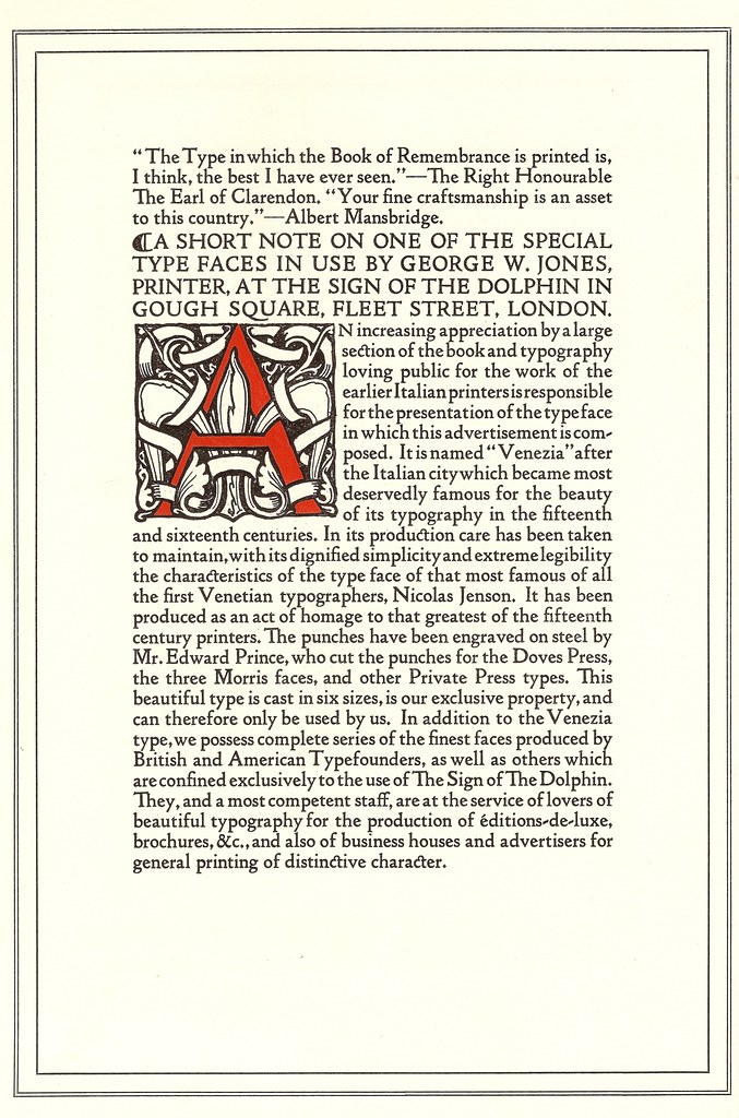 George W Jones, Printer, At The Sign of the Dolphin, London - advert, 1922