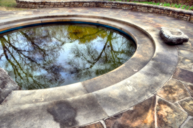 FWBG Fort Worth Texas Botanic Water Garden Circle Haze Dreamy Reflection Winter Stone Wall 42073Z
