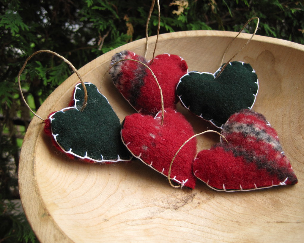 handmade upcycled wool sweater felted hearts in red and gr… | Flickr