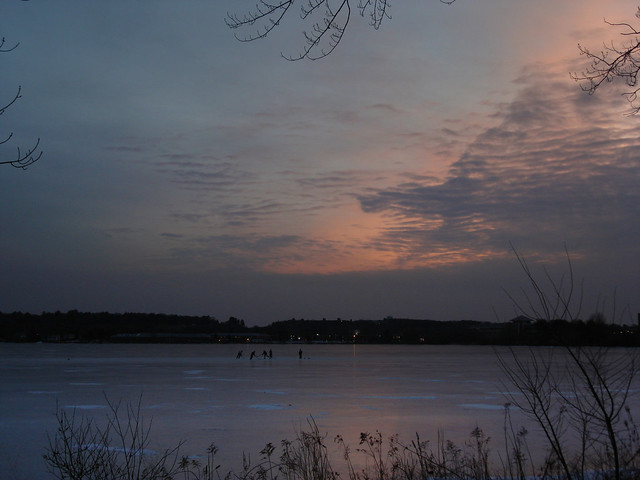 Hockey players at sunset on Lake Quannapowitt; Wakefield, MA (2010)