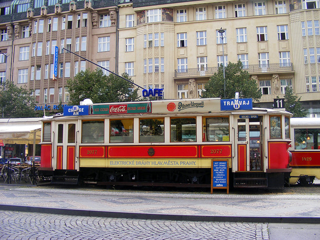 Old red tram on Wenceslas Square, Tram Café