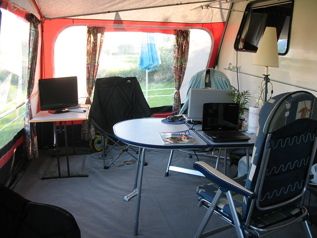 Inside the awning - TV & laptops at the ready!