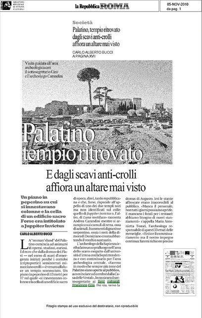 Roma - Palatino, Il tempio ritrovato - intitolato a Juppiter Invictus. La Repubblica (05/11/2010), p. 1 [1/1].