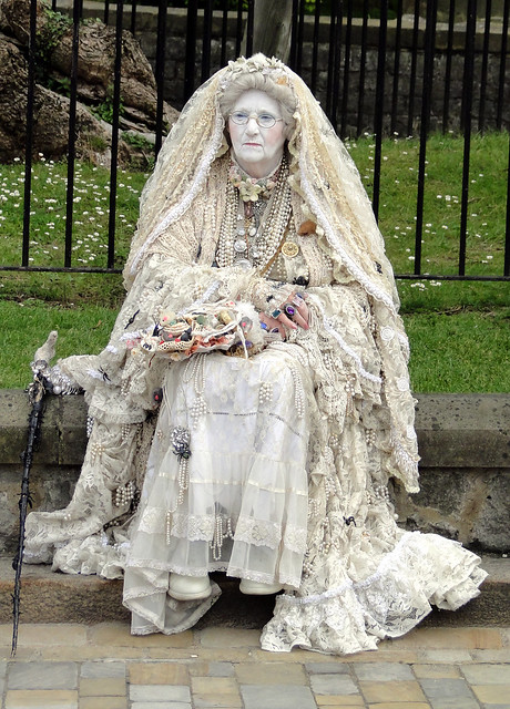 Miss Haversham outside Rochester Cathedral