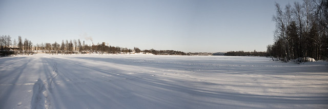 Ice and snow-covered lake
