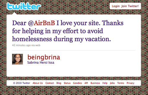 Twitter Love @beingbrina | by airbedbreakfast
