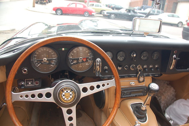 Jaguar E-Type 4.2 at Samuel's in Allston: View from the driver's seat