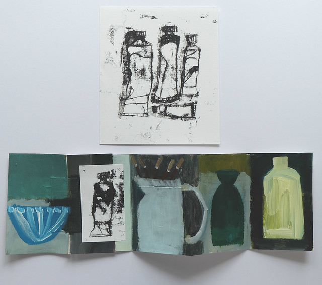 paint tubes monoprint drawing + jug with brushes artist book