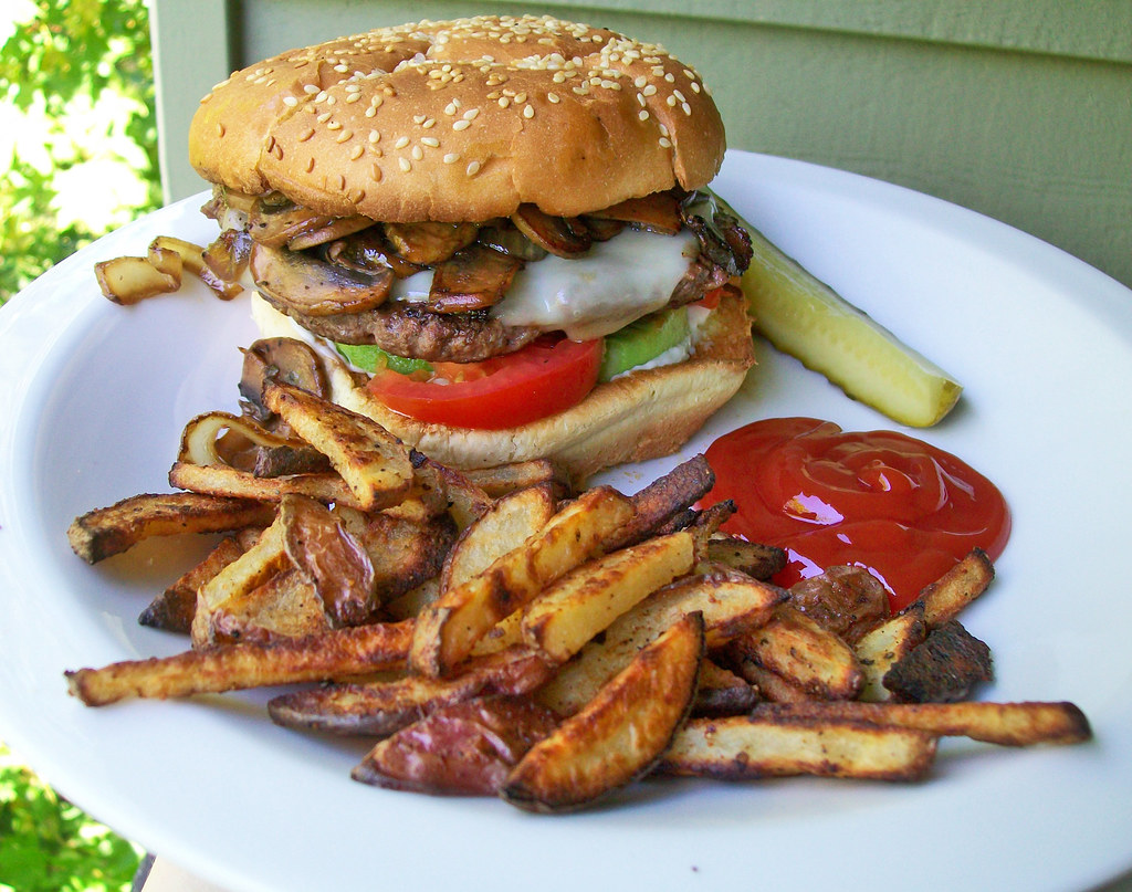 Mushroom Avocado Burger and Fries