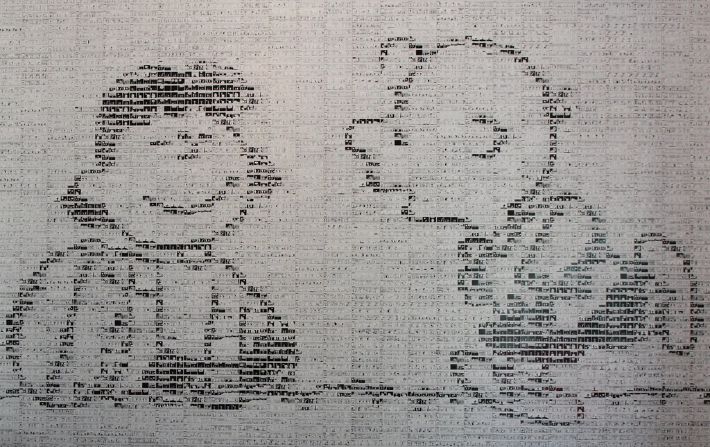 Thousands of four-panel daily strips were used to create this image of Lucy and Charlie Brown