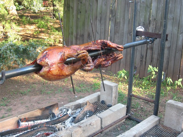 family, party, oklahoma, fire, pig, handmade, country, cook, spit, bbq, mea...