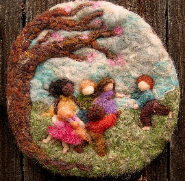 Needle Felted Sculptural Wool Painting Come Play With Us bas Reliefwm1