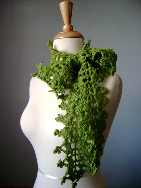 Long hand crocheted scarf SPROUTS Merino wool Leaf Green Victorian floral design scarflette lariat lace