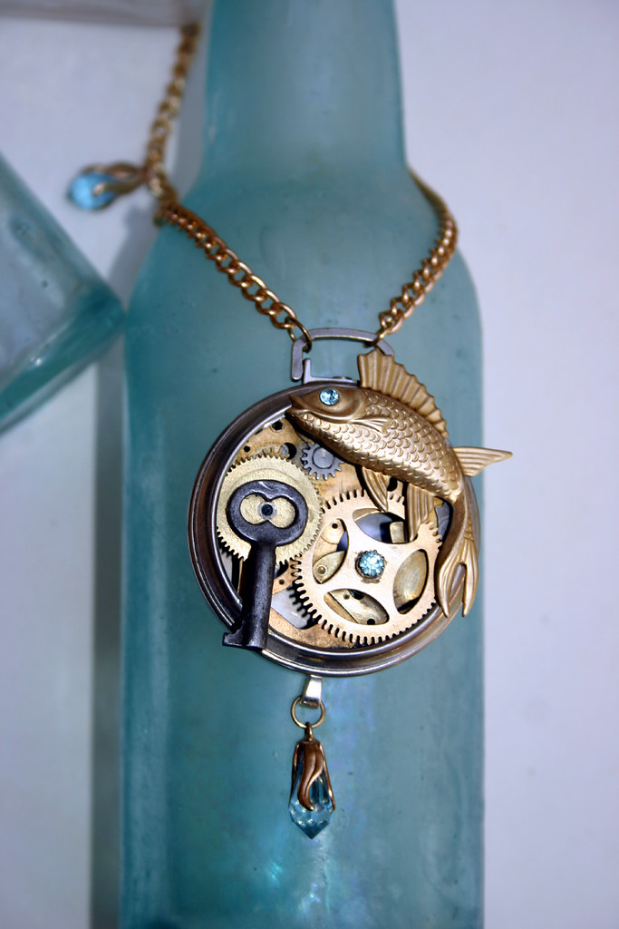 Incredible Steampunk necklace - Pisces fish with Aquamarin… | Flickr