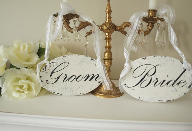 Wedding sign Bride and Groom chair hangers vintage shabby chic