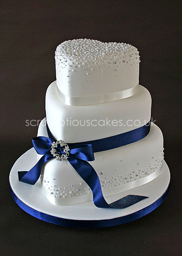 Wedding Cake (593) - Navy Ribbon with Piped Dots and Brooch