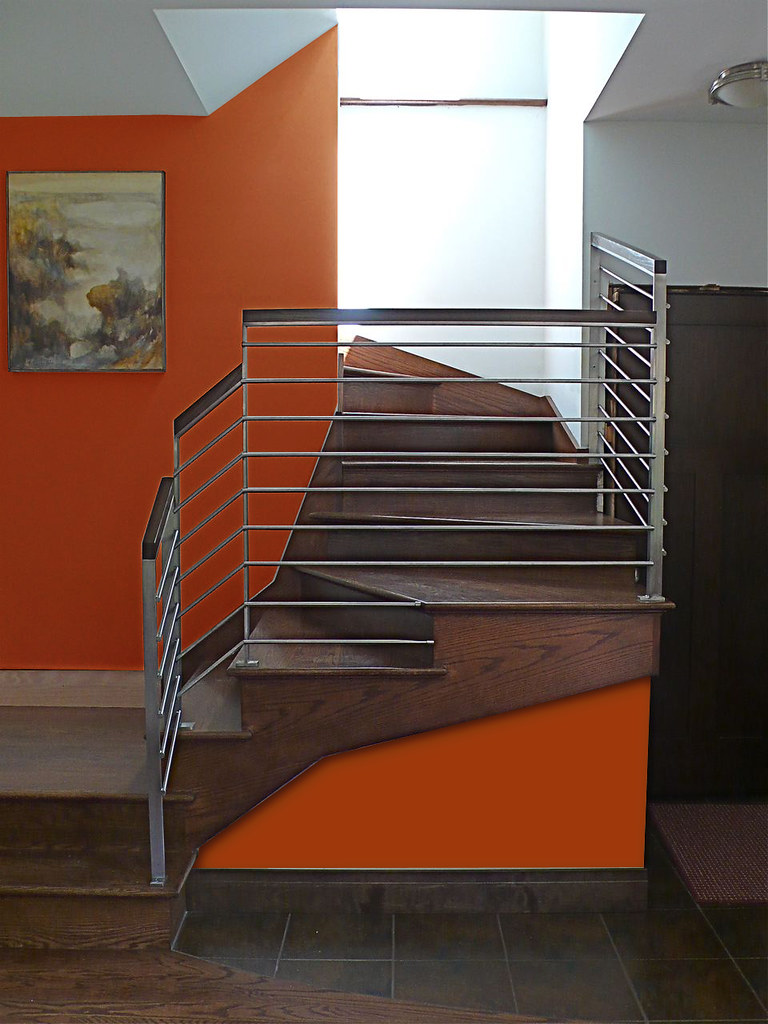 Modern Stainless Steel Oak Interior Stair Railing Chicag