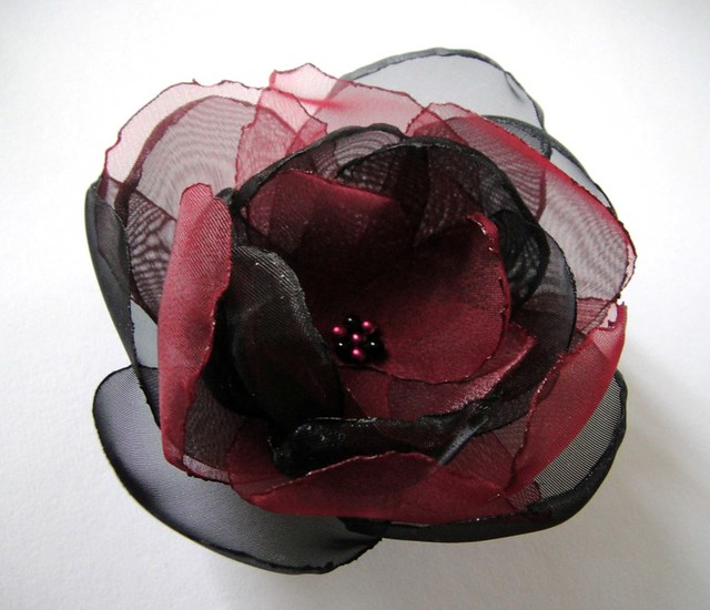 Burgundy black big rose blossom flower brooch
