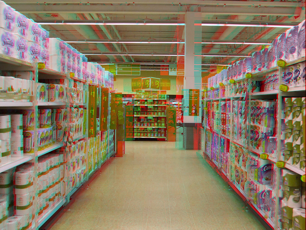 In a supermarket in anaglyph 3D red blue / cyan glasses