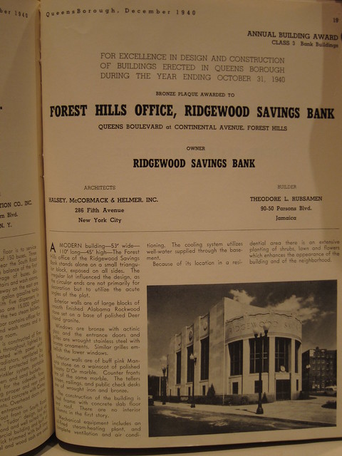 1940 Queens Chamber of Commerce Book, Annual Building Awards, Ridgewood Savings Bank, Forest Hills Branch features