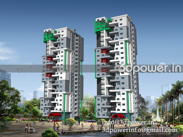 3d exteriour apartment tower building_www.3dpower.in_landscape view of tower building _apartment_township_3d rendering india_3d modeling india